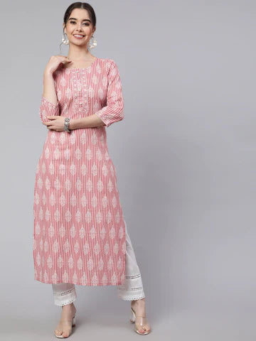 Pink Printed Straight Kurta With Three Quarter Sleeves