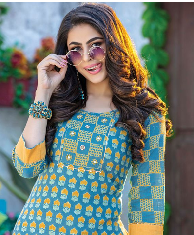 Fitoor Light Blue Rayon Printed Kurti with Fancy Pant
