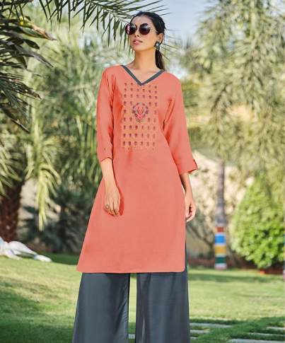 Feminine Peach Rayon Embroidered Kurti With Stylish Palazzo