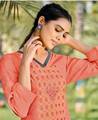 Feminine Peach Rayon Embroidered Kurti With Stylish Palazzo