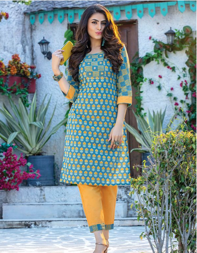Fitoor Light Blue Rayon Printed Kurti with Fancy Pant